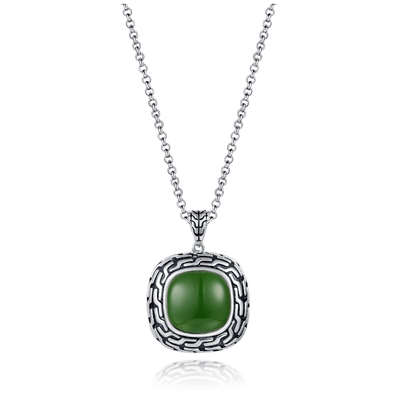 9.48g 925銀製の宝石用原石の吊り下げ式のビードの鎖14x14mmのクッションの緑のヒスイのペンダント